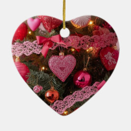 Pink Hearts Red Bulbs on a Romantic Valentine Tree Keramisch Ornament