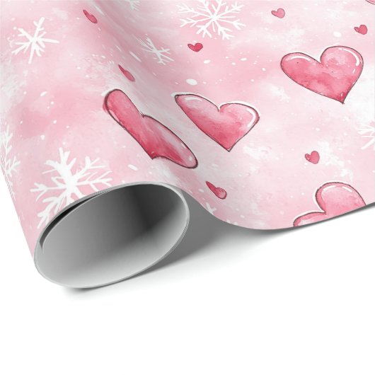 Pink Hearts Sneeuwvlokken Kerstmis Cadeaupapier (Rol Hoek)