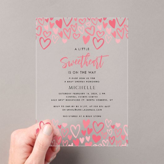 Pink Hearts Sweetheart Girl Baby shower Acryl Uitnodigingen (Insitu (Draagbaar))