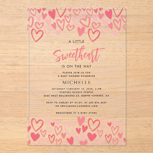 Pink Hearts Sweetheart Girl Baby shower Acryl Uitnodigingen (Voorkant)
