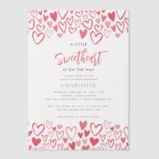 Pink Hearts Sweetheart op Way Girl Baby shower Vellum Uitnodigingen (Voorkant)