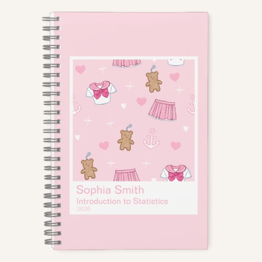 Pink Hearts & Teddy Bears Kawaii Kogal Pattern Notitieboek (Voorkant)
