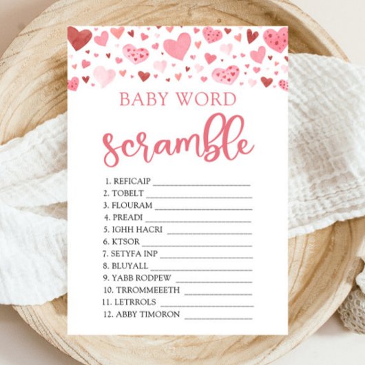 Pink Hearts Valentijn Baby Word Scramble spel Kaart