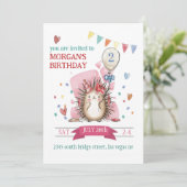 Pink Hedgehog Children's Birthday Invitation Kaart (Staand voorkant)