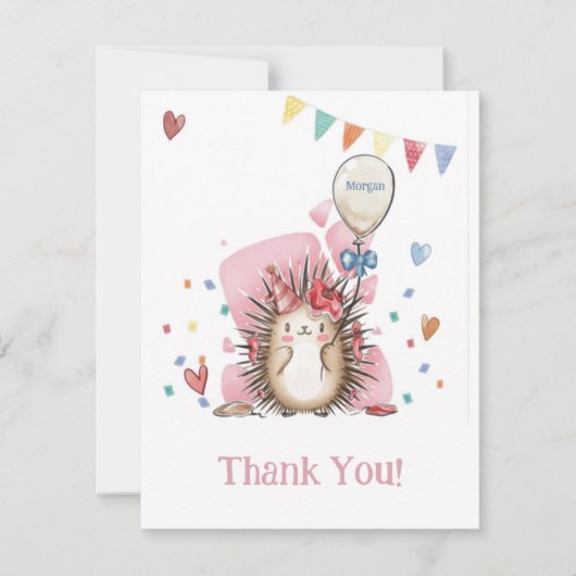 Pink Hedgehog Kinderen Verjaardag Dank u Bedankkaart (Voorkant)