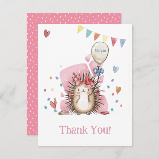 Pink Hedgehog Kinderen Verjaardag Dank u Bedankkaart (Voorkant / Achterkant)