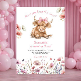 Pink Heifer Bull Floral Birthday Invitation Kaart