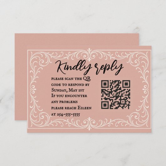 Pink Heirloom QR Code Wedding RSVP Card (Voorkant / Achterkant)