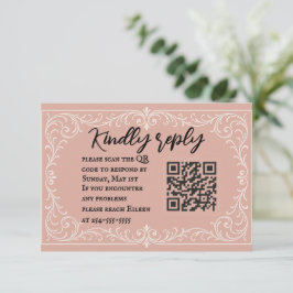 Pink Heirloom QR Code Wedding RSVP Card Kaartje