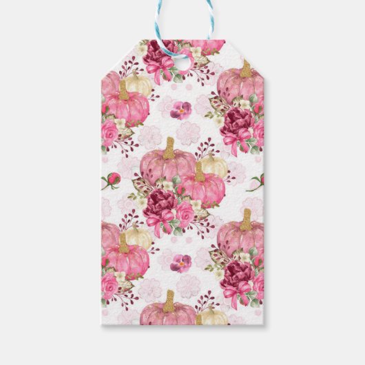 PINK HERFST AUTUMN PUMPKINS & WATERVERF FLOWERS CADEAULABEL (Voorkant)