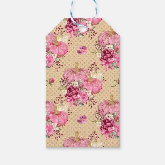PINK HERFST AUTUMN PUMPKINS & WATERVERF FLOWERS CADEAULABEL (Voorkant)