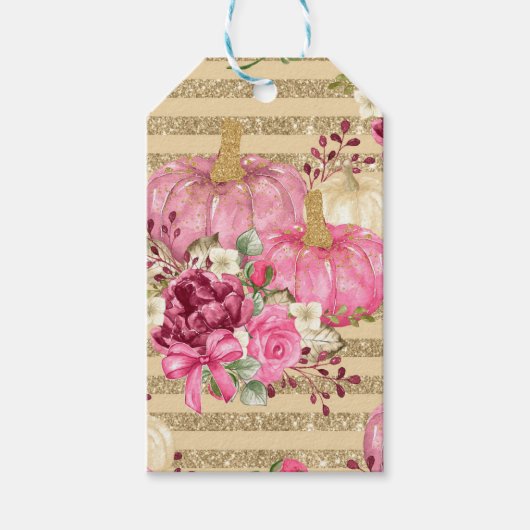 PINK HERFST AUTUMN PUMPKINS & WATERVERF FLOWERS CADEAULABEL (Voorkant)