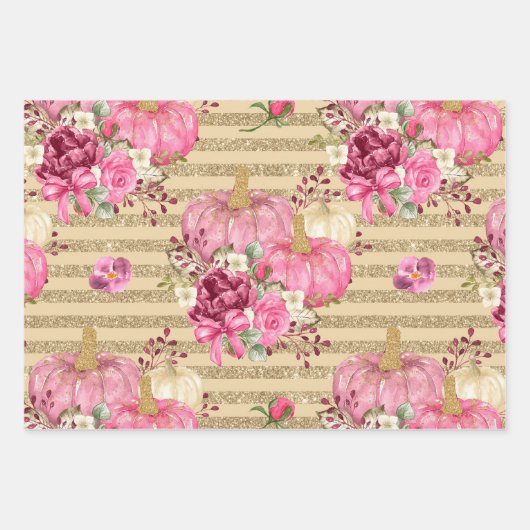 PINK HERFST AUTUMN PUMPKINS & WATERVERF FLOWERS INPAKPAPIER VEL (Voorkant 3)