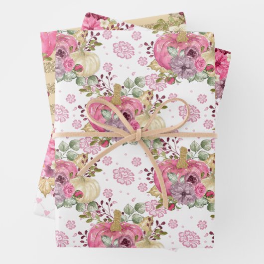 PINK HERFST AUTUMN PUMPKINS & WATERVERF FLOWERS INPAKPAPIER VEL (In situ)