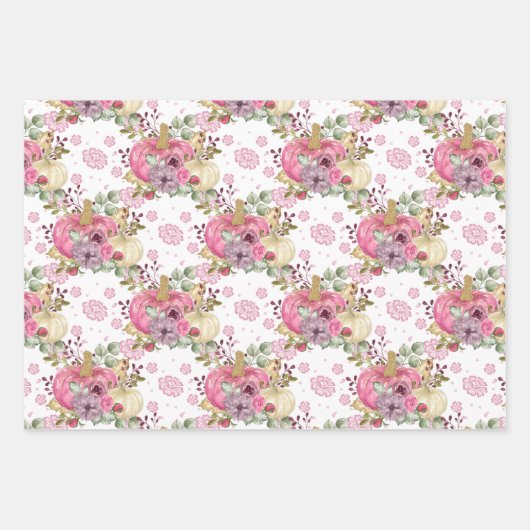 PINK HERFST AUTUMN PUMPKINS & WATERVERF FLOWERS INPAKPAPIER VEL (Voorkant)