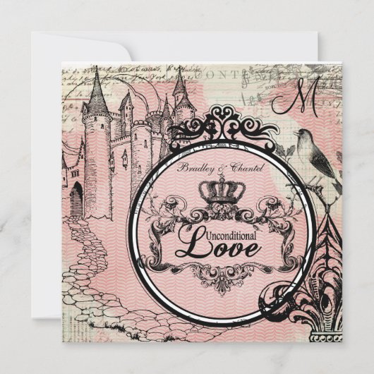 Pink Herringbone Unconditional Love Wedding Invite Kaart (Voorkant)