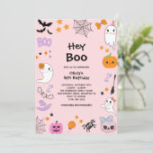 Pink Hey Boo Schattige Ghost Halloween 5e Verjaard Kaart (Staand voorkant)