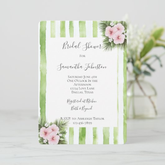 Pink Hibiscus Floral Green Stripes Bridal Shower Kaart (Staand voorkant)