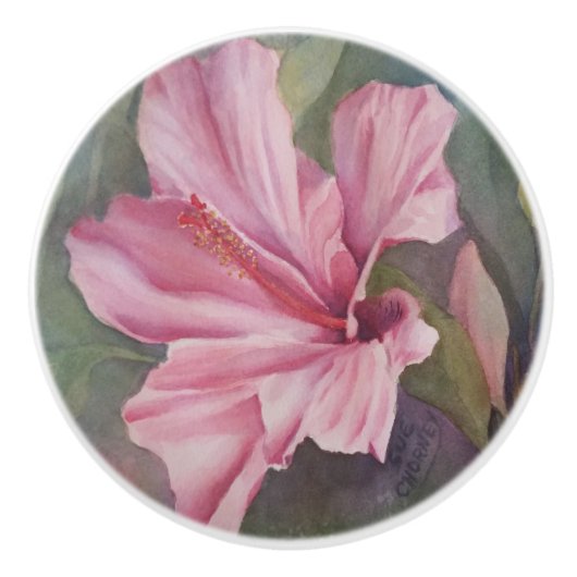 PINK HIBISCUS FLOWER DECORATIVE CERAMIC KNOB KERAMISCHE KNOP (Voorkant)