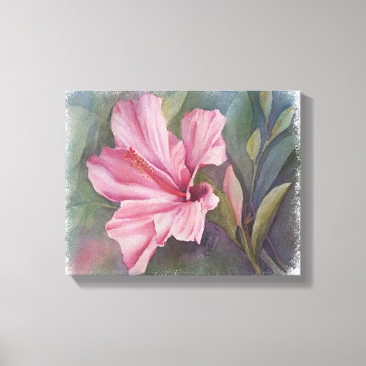 PINK HIBISCUS FLOWER WRAPPED CANVAS PAINTING AFDRUK (Voorkant)
