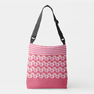Pink Hibiscus Flowers & Stripes Floral Tote Crossbody Tas