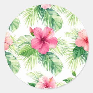 Pink Hibiscus Tropical Palm Watercolor Ronde Sticker
