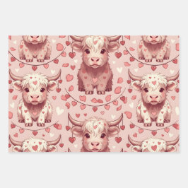 Pink Highland Cow Valentine Hearts Roses Inpakpapier Vel
