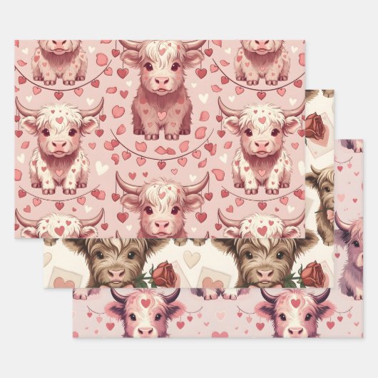 Pink Highland Cow Valentine Hearts Roses Inpakpapier Vel (Set)