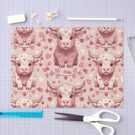 Pink Highland Cow Valentine Hearts Roses Tissuepapier (Craft)