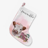 Pink Highland Koe Baby Calf Waterverf Kleine Kerstsok (Voorkant (Hangend))
