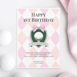Pink Hole in One Girl Golf Happy 1st Birthday Kaart