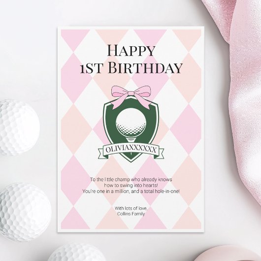 Pink Hole in One Girl Golf Happy 1st Birthday Kaart