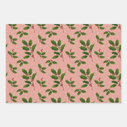 Pink Holly cadeau wrap 3 pack Inpakpapier Vel (Voorkant 3)