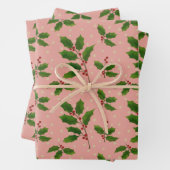Pink Holly cadeau wrap 3 pack Inpakpapier Vel (In situ)