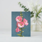 PINK HOLLYHOCKS IN OLIEPASTEL BRIEFKAART (Staand voorkant)
