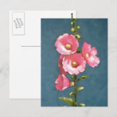 PINK HOLLYHOCKS IN OLIEPASTEL BRIEFKAART (Voorkant / Achterkant)