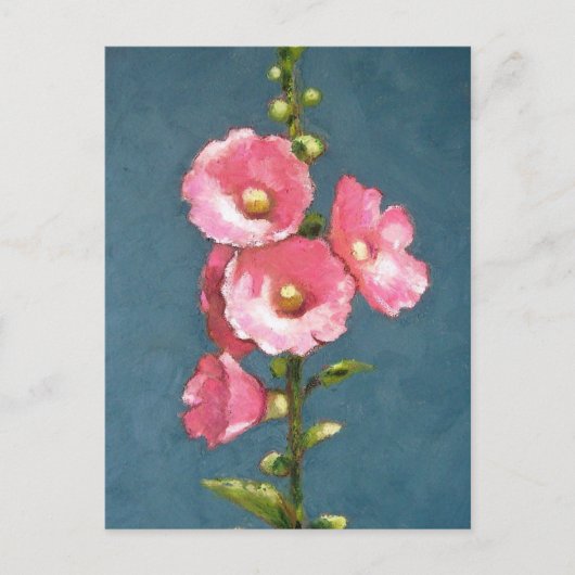 PINK HOLLYHOCKS IN OLIEPASTEL BRIEFKAART (Voorkant)