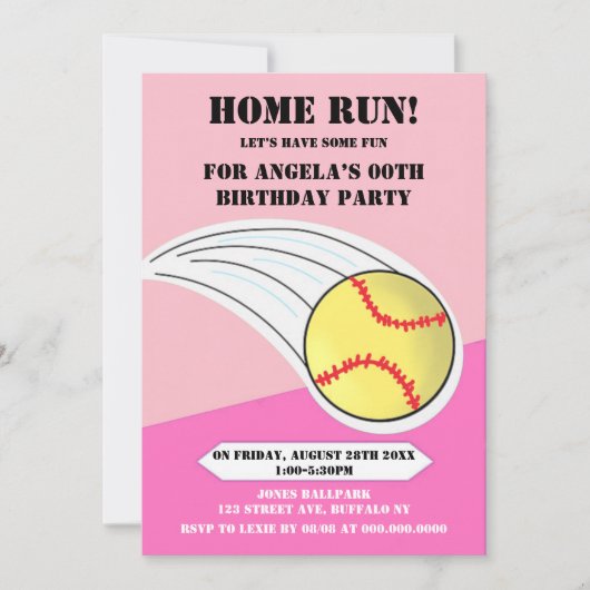 Pink Home Run Softball Birthday Party (Voorkant)
