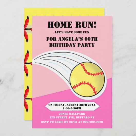 Pink Home Run Softball Birthday Party (Voorkant / Achterkant)