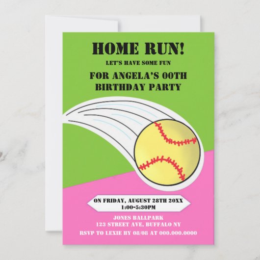 Pink Home Run Softball Birthday Party (Voorkant)