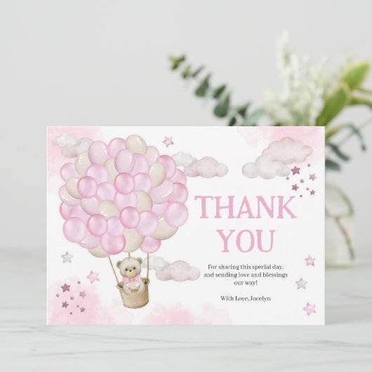 Pink Hot Air-ballons Teddy Bear Baby shower Bedankkaart (Staand voorkant)