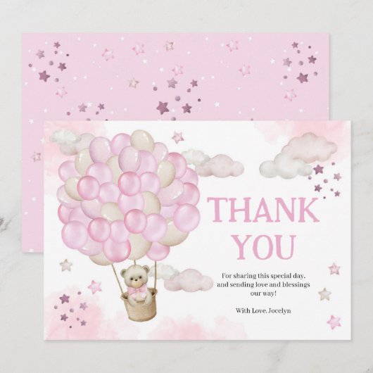 Pink Hot Air-ballons Teddy Bear Baby shower Bedankkaart (Voorkant / Achterkant)