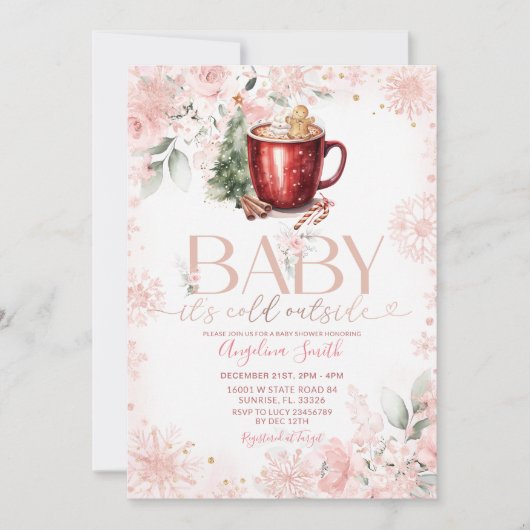 Pink Hot Cocoa Christmas Baby Shower Invite Kaart (Voorkant)