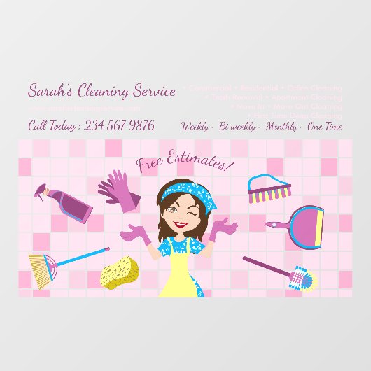 Pink Housekeeper cleaning Janitor Custom Cartoon Raamsticker (Vel)