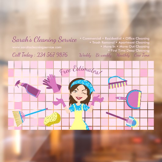 Pink Housekeeper cleaning Janitor Custom Cartoon Raamsticker (Vel 2)