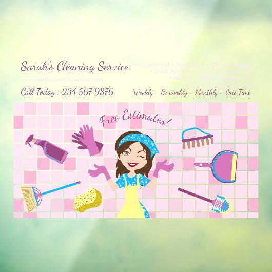 Pink Housekeeper cleaning Janitor Custom Cartoon Raamsticker (Vel 3)