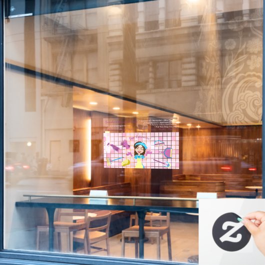 Pink Housekeeper cleaning Janitor Custom Cartoon Raamsticker (Cafe Raam)