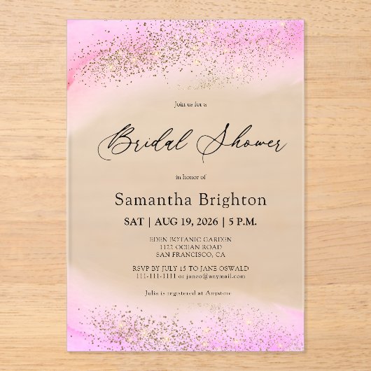 Pink Hues Gold Sparkles Vrijgezellenfeest Acryl Uitnodigingen (Voorkant)