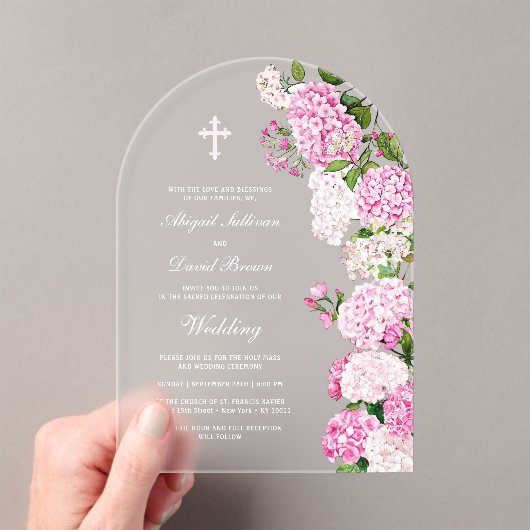 Pink Hydrangea Arch Wedding Acryl Uitnodigingen (Insitu (Draagbaar))