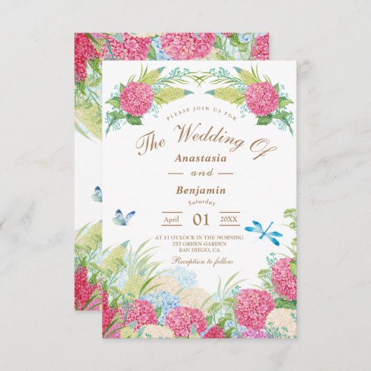 Pink Hydrangea Elegant Floral Wedding Invitation (Voorkant / Achterkant)